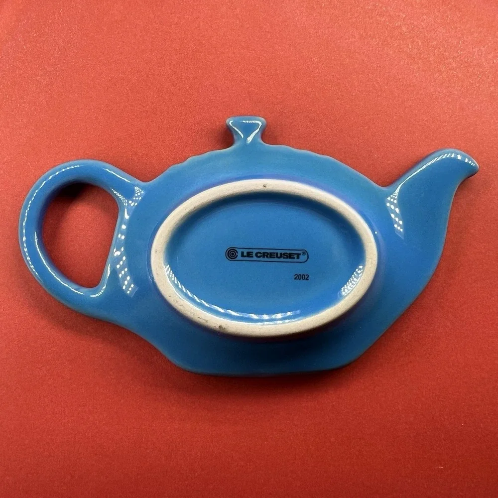 Le Creuset Marseille Blue Teapot Tea Bag Holder Spoon Rest Stoneware 2002 Vtg